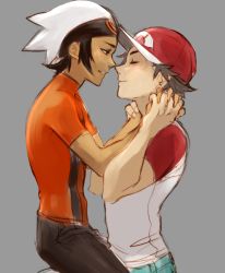Rule 34 | 2boys, age difference, black hair, blush, brendan (pokemon), brendan (pokemon oras), brown hair, closed eyes, clothes, creatures (company), dark skin, game freak, hat, holding hands, male focus, multiple boys, nintendo, open mouth, pokemon, pokemon oras, pokemon sm, raw gummy, red (pokemon), red (pokemon sm), shirt, size difference, smile, yaoi