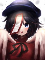 Rule 34 | 1girl, bad id, bad twitter id, black hair, black neckwear, black ribbon, blue eyes, blush, cabbie hat, chinese clothes, commentary, face, foreshortening, hair between eyes, hat, highres, jiangshi, looking at viewer, miyako yoshika, ofuda, one-hour drawing challenge, outstretched arms, purple hat, red shirt, ribbon, shirt, short hair, simple background, smile, solo, standing, tangzhuang, tongue, tongue out, touhou, waramori fuzuka, white background, zombie pose