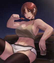 Rule 34 | 1girl, abs, beer can, bench, black choker, black thighhighs, blue eyes, breasts, brown hair, brown tank top, can, choker, cleavage, commentary, crop top, dolphin shorts, drink can, eating, english commentary, food, highres, holding, holding food, hunyan, kebab, large breasts, leg up, meat, midriff, muscular, muscular female, navel, night, open mouth, original, short hair, short shorts, shorts, sideboob, sierra (hunyan), sitting, sky, sleeveless, solo, star (sky), starry sky, tank top, thick thighs, thighhighs, thighs