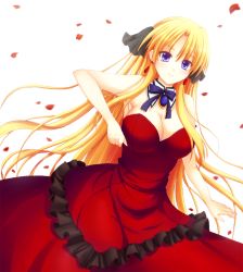 Rule 34 | 10s, 1girl, bare arms, bare shoulders, blonde hair, breasts, campione!, cleavage, clenched hand, closed mouth, dress, earrings, erica blandelli, jewelry, large breasts, long dress, long hair, looking at viewer, petals, purple eyes, red dress, simple background, smile, solo, sotogawa max, strapless, strapless dress, very long hair, white background