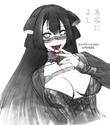 Rule 34 | 10s, 1girl, blood, blood in mouth, blood on face, breasts, choker, cleavage, collarbone, large breasts, long hair, long sleeves, nutcracker (tokyo ghoul), slit pupils, smile, solo, tokyo ghoul, tokyo ghoul:re, touyama maki, twitter username, upper body, white background