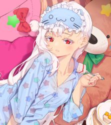 Rule 34 | 1girl, agnamore, bad id, bad pixiv id, blue nails, blue pajamas, blue shirt, bow, cake, cake slice, collarbone, collared shirt, colored eyelashes, commentary request, dress shirt, eyebrows hidden by hair, food, fork, frills, hair behind ear, heart, heart-shaped pillow, holding, holding fork, korean commentary, long hair, long sleeves, looking at viewer, lying, mask, mask on head, nail polish, on side, original, pajamas, parted lips, pillow, plate, print shirt, red bow, red eyes, shirt, sleep mask, solo, star (symbol), star print, stuffed animal, stuffed toy, teddy bear, very long hair, white hair