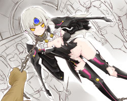 Rule 34 | 1girl, arm behind back, bdsm, blush, bottomless, chain, code: nemesis (elsword), coladaisuki, crack, elsword, eve (elsword), facial mark, forehead jewel, long hair, nipples, one breast out, onlookers, panties, pink panties, restrained, silver hair, torn clothes, underwear, wings, yellow eyes