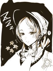 Rule 34 | 1girl, ?, bloodborne, bonnet, closed eyes, endou okito, flower, half-closed eyes, monochrome, open mouth, plain doll, rose, sepia, short hair, simple background, sleepy, solo, spoken question mark, stretching, swept bangs, tears, upper body, yawning, zzz