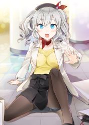 Rule 34 | 1girl, absurdres, alternate costume, beret, black pantyhose, black skirt, blue eyes, breasts, commentary request, hand up, hat, highres, jacket, kantai collection, kashima (kancolle), kerchief, large breasts, long hair, on floor, open mouth, pantyhose, shirt, silver hair, skirt, solo, two side up, yellow shirt, yuna (yukiyuna)