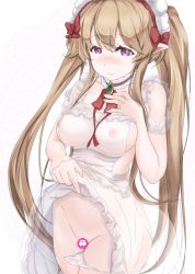 Rule 34 | 10s, 1girl, apron, breasts, brown hair, censored, clothes lift, elf, long hair, maid headdress, minisuka to niku daigaku, myucel foalan, naked apron, nipples, outbreak company, panties, panty pull, pointy ears, purple eyes, see-through, skirt, skirt lift, twintails, underwear