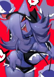 Rule 34 | breasts, choker, cleavage, colored sclera, colored skin, creatures (company), fang, game freak, gastly, gen 1 pokemon, gengar, ghost, haunter, heart, highres, hood, large breasts, long ears, midriff, nintendo, pointy ears, pokemon, pokemon (creature), purple hair, purple skin, red eyes, red sclera, short shorts, shorts, thick thighs, thighs, togetoge, tongue, tongue out, top pull, torn clothes, wide hips