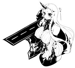 Rule 34 | 10s, 1girl, :t, abyssal ship, bare shoulders, breasts, detached sleeves, dress, greyscale, horns, kantai collection, kinosaki reisui, large breasts, long hair, monochrome, pout, ribbed dress, seaport princess, short dress, simple background, single horn, solo, tears, white background