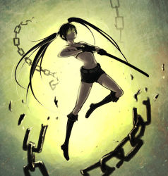 Rule 34 | 10s, 1girl, backlighting, black hair, black rock shooter, black rock shooter (character), boots, chain, gloves, glowing, glowing eyes, long hair, midriff, self-upload, serious, short shorts, shorts, solo, sword, twintails, victor fedotov, weapon, yellow background, yellow eyes
