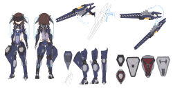 Rule 34 | 1girl, armored boots, arrow (symbol), ass, bare shoulders, black gloves, black thighhighs, blue footwear, blue leotard, boots, brown hair, character sheet, cleavage cutout, clothing cutout, copyright request, covered navel, eye mask, gloves, heijialan, highres, leotard, mecha musume, multiple views, official art, purple eyes, simple background, thigh boots, thighhighs, white background