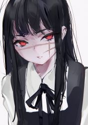 Rule 34 | 1girl, absurdres, black dress, black hair, black ribbon, chainsaw man, collared shirt, dress, highres, long hair, looking at viewer, mile (off8mile), neck ribbon, parted lips, pinafore dress, red eyes, ribbon, ringed eyes, scar, scar on face, shirt, sleeveless, sleeveless dress, solo, upper body, white shirt, wing collar, yoru (chainsaw man)