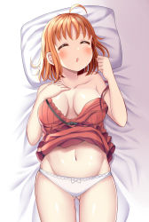 Rule 34 | 10s, 1girl, :o, ahoge, bed sheet, blush, breasts, camisole, cleavage, closed eyes, collarbone, cowboy shot, facing viewer, from above, gluteal fold, hand on own chest, love live!, love live! sunshine!!, lying, medium breasts, mizukoshi (marumi), navel, no bra, on back, on bed, open mouth, orange hair, panties, pillow, shiny skin, short hair, sleeping, solo, strap slip, takami chika, thighs, underwear, underwear only, white panties