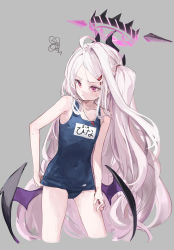 Rule 34 | 1girl, ahoge, bat wings, black one-piece swimsuit, blue archive, closed mouth, cropped legs, demon horns, demon wings, grey background, halo, highres, hina (blue archive), hina (swimsuit) (blue archive), horns, long hair, low wings, makihitsuji, multiple horns, official alternate costume, one-piece swimsuit, parted bangs, purple eyes, school swimsuit, simple background, solo, squiggle, sweatdrop, swimsuit, whistle, whistle around neck, white hair, wings