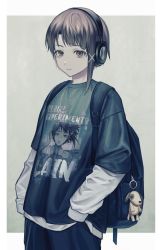 Rule 34 | 1girl, backpack, bag, black hair, border, ccakira000, character name, closed mouth, copyright name, female focus, hair ornament, headphones, highres, iwakura lain, jewelry, long sleeves, necklace, outside border, pale skin, print shirt, serial experiments lain, shirt, single sidelock, sleeves past wrists, solo, t-shirt, white border, x hair ornament
