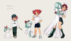 Rule 34 | 2girls, age progression, arm up, bandage on face, bandages, baseball cap, blunt bangs, blush, breasts, child, closed eyes, closed mouth, colored skin, creatures (company), drawstring, evolutionary line, fang, female focus, flat chest, from behind, full body, game freak, gardevoir, gen 3 pokemon, green footwear, green hair, green headwear, green legwear, green pants, green shorts, green skin, green skirt, grey background, hair over one eye, hair tie, hand on own hip, hand up, happy, hat, holding, holding hands, hood, hoodie, interspecies, japanese text, kirlia, kneehighs, leaning back, light blush, long sleeves, looking at another, looking up, matching hair/eyes, medium breasts, miniskirt, multicolored skin, multiple girls, multiple views, nervous, newo (shinra-p), nintendo, one eye closed, open mouth, original, pants, pleated skirt, pointing, pointing up, pokemon, pokemon (creature), pokephilia, ralts, red eyes, red footwear, red hair, shiny skin, shirt, shoes, short hair, short sleeves, short twintails, shorts, simple background, skirt, small breasts, smile, socks, standing, stick, surprised, sweat, sweater, teeth, tomboy, translation request, twintails, two-tone skin, walking, white footwear, white shirt, white skin, white sweater, wide-eyed, wink, yuri