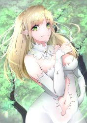 Rule 34 | 1girl, absurdres, bad id, bad pixiv id, bare shoulders, blonde hair, clothing cutout, contrapposto, detached collar, dress, earrings, elbow gloves, elf, forest, gloves, green eyes, highres, hitsuji (sheepsb22), jewelry, long hair, looking at viewer, midriff, nature, navel, navel cutout, original, pointy ears, sleeveless, solo, stomach cutout, tree, white dress