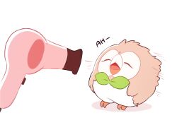 Rule 34 | absurdres, animal, animal focus, beak, bird, bow, bowtie, brown feathers, closed eyes, creatures (company), english text, feathers, floating, floating object, game freak, gen 7 pokemon, green bow, green bowtie, hair dryer, highres, nintendo, o o, open mouth, owl, pastel colors, pokemon, pokemon (creature), rowlet, simple background, sob 0, talons, white background, white feathers, wind