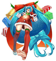 Rule 34 | 1girl, absurdly long hair, aqua eyes, aqua hair, barefoot, bell, bow, bowtie, christmas, commentary, eiji (eiji), feet, foreshortening, gift, gloves, gluteal fold, green bow, green bowtie, hair between eyes, hatsune miku, highres, long hair, nail polish, night, night sky, open mouth, red thighhighs, simple background, sky, soles, solo, star (sky), teeth, thighhighs, toeless legwear, toenail polish, toenails, toes, twintails, upper teeth only, very long hair, vocaloid, white background, white gloves