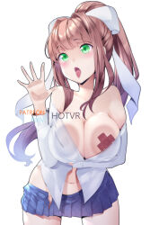 Rule 34 | 1girl, against fourth wall, against glass, areola slip, artist name, bare shoulders, black skirt, blush, breast press, breasts, breasts on glass, brown hair, collarbone, covered erect nipples, cowboy shot, doki doki literature club, english text, fourth wall, glass, hair ornament, hair ribbon, hand on glass, hot vr, large breasts, leaning forward, long hair, long sleeves, looking at viewer, miniskirt, monika (doki doki literature club), navel, no bra, no panties, open mouth, patreon username, pixiv username, pleated skirt, ponytail, ribbon, shirt, simple background, skirt, solo, tongue, tongue out, white background, white ribbon, white shirt