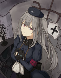Rule 34 | 1girl, armband, arrow cross, black dress, black hat, cross, dress, expressionless, grey hair, hat, head tilt, hugging object, indie virtual youtuber, long hair, long sleeves, looking at viewer, minai karte, moppo, nurse cap, puffy long sleeves, puffy sleeves, purple eyes, red armband, rubble, solo, stuffed toy, two side up, virtual youtuber
