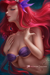 Rule 34 | 1girl, ariel, blue eyes, breasts, cleavage, disney, long hair, looking at viewer, mermaid, monster girl, navel, olchas, open mouth, paid reward available, patreon username, red hair, shell, shell bikini, signature, solo, underwater