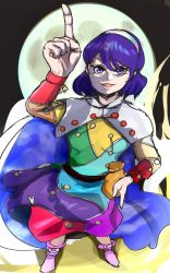Rule 34 | 1girl, bag, bangasa bangaichi, blue eyes, blue hair, boots, bow, buttons, cape, cloak, dress, footwear bow, full body, hair ornament, hairband, headband, highres, index finger raised, looking at viewer, md5 mismatch, moon, multicolored clothes, multicolored hairband, multicolored headwear, open mouth, patchwork clothes, purple footwear, rainbow gradient, rainbow hair ornament, red button, short hair, sky print, solo, tenkyuu chimata, touhou, white cape, white cloak, zipper, zipper skirt