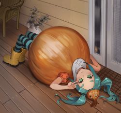 Rule 34 | 1girl, adapted costume, alternate costume, aqua hair, aqua thighhighs, black thighhighs, blush, boots, chair, closed mouth, collar, commentary, commission, english commentary, flower pot, forehead, full body, googly eyes, green eyes, halloween costume, hand up, highres, legs together, long hair, lying, mixed-language commentary, monogatari (series), on back, onion, ononoki yotsugi, orange headwear, outdoors, puffy short sleeves, puffy sleeves, ricman rt, rubber boots, shadow, short eyebrows, short sleeves, sidelocks, solo, striped clothes, striped thighhighs, thick eyebrows, thighhighs, tsukimonogatari, twintails, v, white collar, wooden floor, yellow footwear