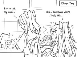 Rule 34 | 2girls, blush, bowl, commentary, detached sleeves, dishwashing, english text, faucet, food, from behind, greyscale, guin guin, hair ornament, hairclip, houshou (kancolle), kantai collection, long hair, monochrome, multiple girls, open mouth, plate, ponytail, yamakaze (kancolle)