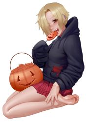 Rule 34 | 1girl, barefoot, blonde hair, blood, blood splatter, brown eyes, candy, commentary, ear piercing, english commentary, feet, food, full body, hair over one eye, idolmaster, idolmaster cinderella girls, jack-o&#039;-lantern, kairunoburogu, lollipop, long legs, looking at viewer, nose, open mouth, piercing, pink skirt, plaid, plaid skirt, pleated skirt, seiza, shirasaka koume, sitting, skirt, sleeves past wrists, smile, soles, solo, toes, white background, unfinished