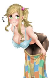 Rule 34 | 1girl, ^^^, ass, bent over, black pantyhose, blonde hair, blue bra, bra, breasts, cleavage, clothes pull, fang, green eyes, hair bobbles, hair ornament, hanging breasts, inuyama aoi, large breasts, long hair, looking at viewer, no shirt, panties, panties under pantyhose, pantyhose, side ponytail, simple background, skin fang, skirt, skirt pull, smile, solo, thick eyebrows, twrlare, underwear, undressing, white background, yurucamp