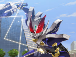 Rule 34 | 1boy, belt, blue sky, buckle, building, cloud, day, goggles, holding, holding sword, holding weapon, kamen rider, kamen rider den-o (series), kamen rider new den-o, machinery, male focus, obui, outdoors, sky, solo, sword, weapon
