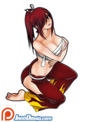 Rule 34 | 1girl, areola slip, bandages, bare arms, bare shoulders, barefoot, breasts, cleavage, collarbone, covering privates, covering breasts, erza scarlet, fairy tail, flame print, hair over one eye, hair ribbon, hair tie, high ponytail, jago dibuja, kneeling, large breasts, long hair, looking at viewer, looking up, midriff, nipples, no bra, one eye covered, one knee up, pants, parted lips, ponytail, red hair, red pants, ribbon, self hug, side slit, simple background, sitting, solo, stomach, teeth, white background, white ribbon, yellow pants