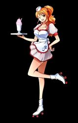 Rule 34 | 1girl, breasts, brown eyes, cleavage, collarbone, hand on own hip, leg up, legs, looking at viewer, milkshake, nami (one piece), official art, one eye closed, one piece, open mouth, orange hair, roller skates, skates, skirt, smile, thighs, tray, waitress, waitress uniform, wink
