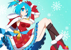 Rule 34 | 1girl, android, blue eyes, blue hair, breasts, christmas, dress, headphones, kaidou zx, large breasts, looking at viewer, mega man x (series), mega man x dive, official alternate costume, red dress, rico (mega man), santa dress, side ponytail, smile, solo