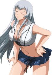 Rule 34 | 00s, 1girl, blue skirt, breasts, chouun shiryuu, cleavage, closed eyes, collarbone, groin, hand on own hip, ikkitousen, large breasts, leaning forward, long hair, microskirt, midriff, miniskirt, navel, simple background, skirt, smile, solo, standing, white background, white hair