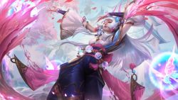 Rule 34 | 1girl, absurdres, arms up, beads, black pants, bracelet, breasts, building, closed eyes, detached sleeves, facing up, feet out of frame, glowing, highres, horns, house, jewelry, large breasts, league of legends, long hair, long sleeves, magic, official alternate costume, official art, pants, parted lips, second-party source, solo, spirit blossom syndra, syndra, teeth, white hair