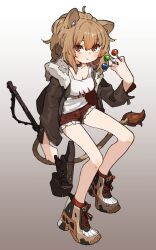 Rule 34 | 1girl, amonitto, animal ears, arknights, blush, boots, breasts, brown hair, brown jacket, candy, choker, cleavage, cutoffs, food, fur-trimmed jacket, fur trim, gradient background, hammer, holding, holding hammer, jacket, lion ears, lion girl, lion tail, lollipop, long hair, looking at viewer, open clothes, open jacket, orange eyes, red shorts, red socks, shorts, siege (arknights), small breasts, socks, solo, tail, tank top, white footwear