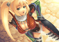 Rule 34 | 1girl, armor, blonde hair, breasts, capcom, cleavage, corset, dutch angle, gloves, green eyes, hand on own hip, hip focus, huge breasts, large breasts, long hair, monster hunter (series), open mouth, panties, ponytail, skindentation, solo, strap, thigh strap, thighhighs, underwear, yn red
