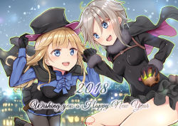 Rule 34 | 2018, 2girls, :d, ahoge, ange (princess principal), black cape, black dress, black footwear, black gloves, black hat, black legwear, blonde hair, blue bow, blue eyes, blush, boots, bow, breasts, building, cape, commentary request, dress, english text, eye contact, fur-trimmed sleeves, fur collar, fur trim, gloves, hair flaps, hand on headwear, happy new year, hat, highres, holding, holding hands, house, impossible clothes, impossible dress, interlocked fingers, light brown hair, long hair, long sleeves, looking at another, medium breasts, multiple girls, new year, open mouth, outdoors, pantyhose, piripun, princess (princess principal), princess principal, short hair with long locks, signature, smile, snowing, teeth, top hat, upper teeth only, very long hair