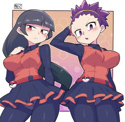 Rule 34 | 2girls, ace trainer (pokemon), ace trainer (pokemon) (cosplay), black hair, blunt bangs, blush, breasts, chichibu (watson), closed mouth, collared shirt, commentary request, cosplay, covered erect nipples, creatures (company), eyelashes, frown, game freak, highres, janine (pokemon), large breasts, looking down, medium breasts, multiple girls, nintendo, open mouth, orange vest, panties, pantyhose, pleated skirt, pokemon, pokemon bw, pokemon frlg, pokemon hgss, purple eyes, purple hair, red eyes, sabrina (pokemon), shirt, signature, skirt, split mouth, underwear, vest