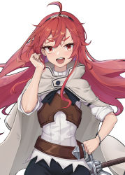 Rule 34 | 1girl, ahoge, cape, cowboy shot, eris greyrat, grey cape, hand in own hair, hand on own hip, headband, highres, leather, light blush, long hair, looking at viewer, mushoku tensei, panana, red eyes, red hair, smile, solo, sword, sword behind back, weapon, white background