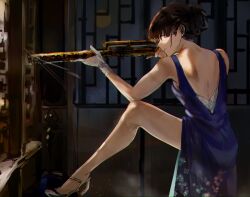 Rule 34 | 1girl, arm on knee, balcony, bare arms, bare back, bare legs, bare shoulders, barefoot, bass flute, black footwear, blue dress, blunt bangs, cocktail dress, commentary, commentary request, dress, earrings, english commentary, flute, from side, funi mu9, gloves, gun, high heels, highres, holding, holding gun, holding instrument, holding weapon, inoue takina, instrument, jewelry, long dress, lycoris recoil, mission: impossible, mixed-language commentary, parted lips, print dress, purple eyes, rifle, scope, short hair, silver footwear, sniper rifle, solo, squatting, toes, weapon, white gloves, wind