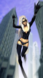 Rule 34 | 1girl, black cat (marvel), black thighhighs, breasts, cameltoe, city, cleavage, felicia hardy, gloves, latex, marvel, mask, navel, short shorts, shorts, silk, skin tight, sky, spider-man (series), spider web, thighhighs, white hair