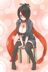 Rule 34 | 1girl, alternate costume, black hair, blue eyes, blush, breasts, cleavage, fiora (league of legends), glasses, hair over one eye, headmistress fiora, streaked hair, highres, jewelry, league of legends, mole, mole on breast, multicolored hair, necklace, pencil skirt, red hair, scarf, short hair, sitting, skirt, smile, solo, stool, teacher, thighhighs, trombe
