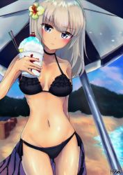 Rule 34 | 1girl, absurdres, arm behind back, artist name, beach, beach umbrella, bikini, black bikini, black choker, blue sky, blurry, blurry background, blush, breasts, cherry, choker, closed mouth, cloud, cloudy sky, commentary, cup, day, drinking straw, flower, food, frown, fruit, girls und panzer, gluteal fold, groin, hair flower, hair ornament, head tilt, highres, holding, holding cup, holding food, itsumi erika, karu (ricardo 2628), lime (fruit), lime slice, long hair, looking at viewer, medium breasts, navel, ocean, outdoors, sarong, shaved ice, side-tie bikini bottom, signature, sky, solo, standing, swimsuit, thighs, umbrella