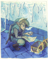 Rule 34 | 1boy, border, breath, brown footwear, brown hair, compass, green headwear, green tunic, holding, holding compass, holding map, ice, link, male focus, map, nintendo, open mouth, pants, rvsa, shield, shield on back, sidelocks, solo, squatting, sword, the legend of zelda, the legend of zelda: a link to the past, treasure chest, weapon, weapon on back, white border, white pants