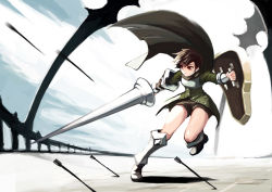 Rule 34 | 1girl, armor, arrow (projectile), bad id, bad pixiv id, boots, breastplate, brown eyes, brown hair, cape, dodging, kzzang, lance, original, polearm, shield, short hair, short shorts, shorts, solo, weapon