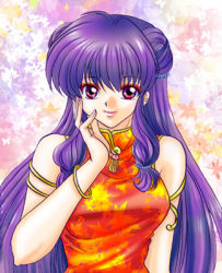 Rule 34 | 1girl, artist request, breasts, double bun, large breasts, lips, lipstick, long hair, lowres, makeup, purple hair, ranma 1/2, red eyes, shampoo (ranma 1/2), solo, tagme
