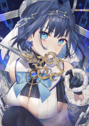 Rule 34 | 1girl, bare shoulders, black gloves, blue bow, blue eyes, blue hair, bow, bow earrings, breasts, chain, chain headband, cleavage, commentary, detached sleeves, earrings, gloves, hair intakes, hand up, head chain, heart, highres, holding, holding sword, holding weapon, hololive, hololive english, jewelry, knee up, large breasts, long sleeves, looking away, ouro kronii, ouro kronii (1st costume), shirt, short hair, sleeveless, sleeveless shirt, solo, striped, sword, vertical stripes, virtual youtuber, weapon, wenz, white shirt, zipper