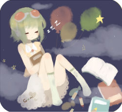 Rule 34 | 1girl, bad id, bad pixiv id, balloon, book, character name, cloud, crayon, goggles, goggles on head, green hair, gumi, heart, hinayo, night, night sky, rounded corners, short hair, sky, sleeping, solo, star (symbol), vocaloid, zzz